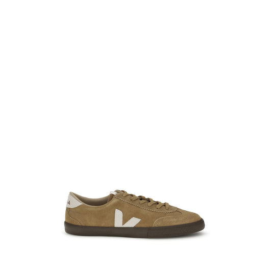 Veja Brown Leather Sneakers with rounded toe, flat sole, and stitched 'V' logo, inspired by 1970s Brazilian volleyball shoes.