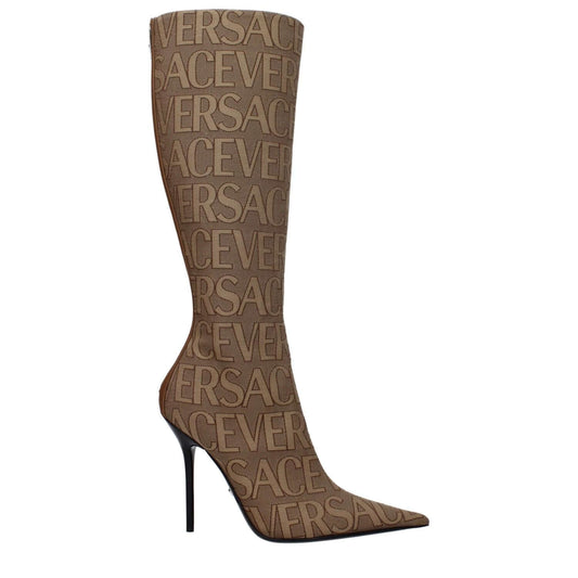 Versace Beige Fabric High Heel Boots with logo print, pointy toe, leather sole, and 11 cm high heel. Casual style with zip closure.