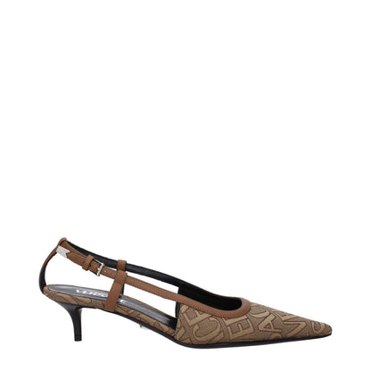 Alt Tag: Versace Beige Fabric Mid Heel Pumps with a logo design, pointy toe, and leather sole, featuring a buckle closure and brown accents.