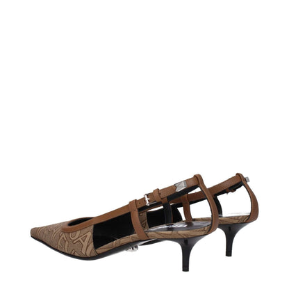 Versace Beige Fabric Mid Heel Pumps with buckle closure, pointy toe, and leather sole featuring logo detail and 7.5 cm heel.