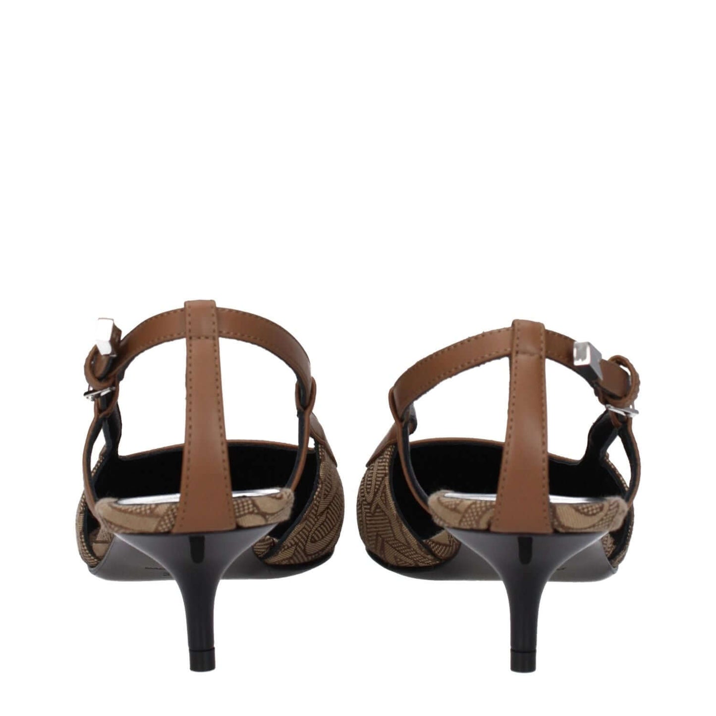 Back view of Versace Beige Fabric Mid Heel Pumps with brown straps and buckle closure. Made with leather sole and 7.5 cm pointy mid heels.