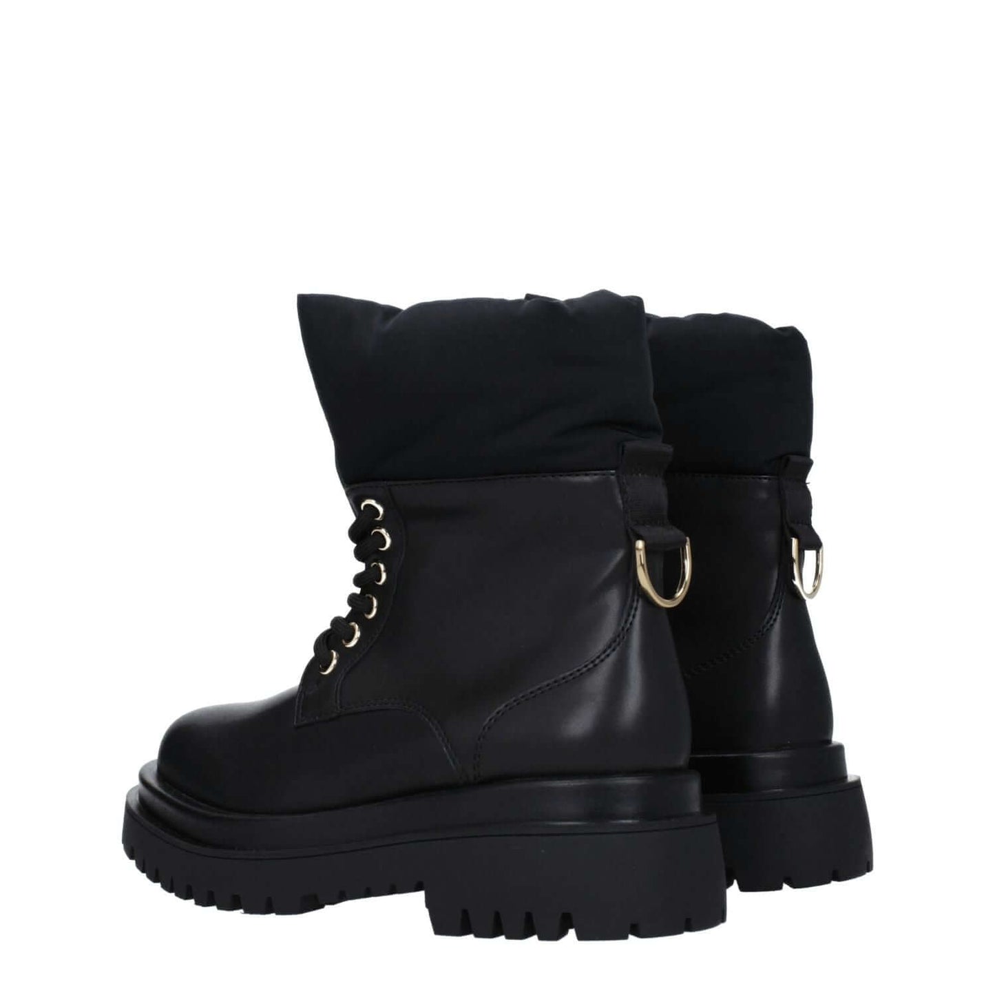 Versace Jeans Black Polyethylene Ankle Boots with lace-up closure and mid heels, featuring a front logo and rubber sole.