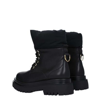 Versace Jeans Black Polyethylene Ankle Boots with lace-up closure and mid heels, featuring a front logo and rubber sole.