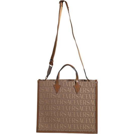 Versace Brown Top Handle Jacquard Leather Logo Crossbody Tote Bag BAG1593