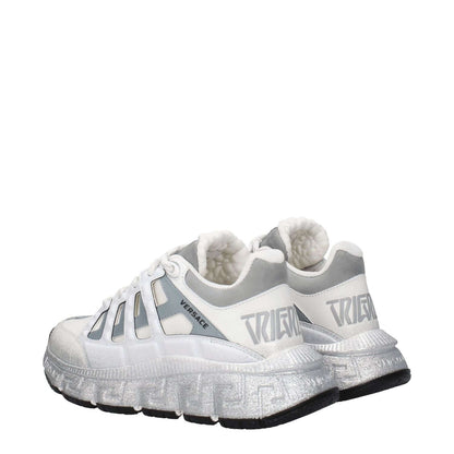 Versace White Fabric Athletic Sneakers with logos, lace-up closure, mid heels, rubber sole, and silver accents on white fabric.