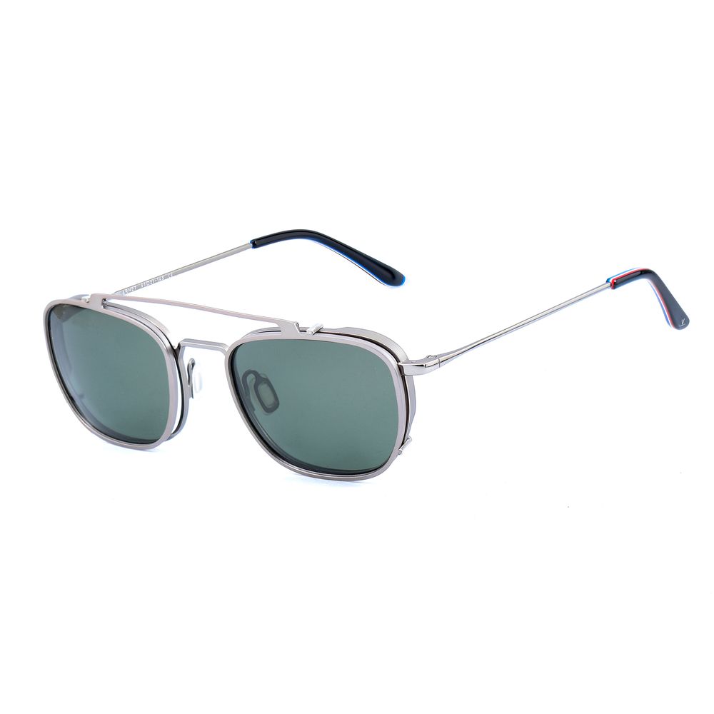 Vuarnet Gray Stainless Steel Frames with clip-on sunglasses, brown category 3, providing sun protection. Stylish and durable eyewear.