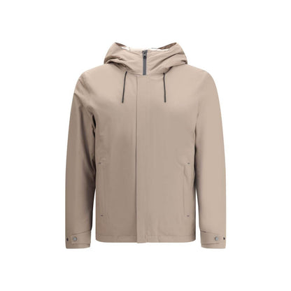 Woolrich Beige Polyester Shell Jacket with adjustable hood and double-slider zipper, featuring versatile design for various weather conditions.