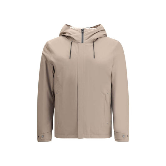 Woolrich Beige Polyester Shell Jacket with adjustable hood and double-slider zipper, featuring versatile design for various weather conditions.