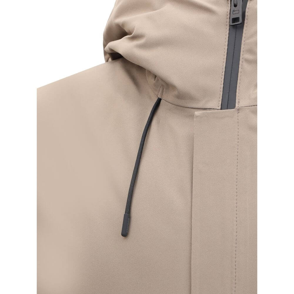 Woolrich Beige Polyester Shell Jacket with adjustable drawstring hood and double-slider zipper, showcasing contemporary design and functionality.