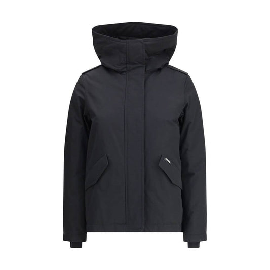 Woolrich Black Cotton Shell Jacket with hood, double-slider zipper, flap pockets for AW25 season