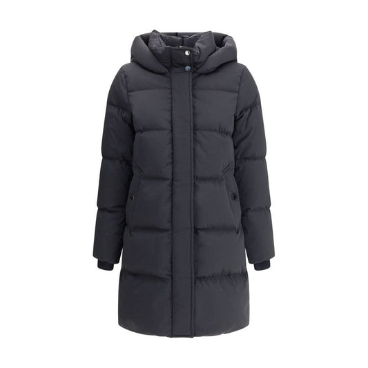 Woolrich Black Goose Down Coat with hood, elastic cuffs, zipper closure, and quilted design for warmth in AW25. Regular fit.