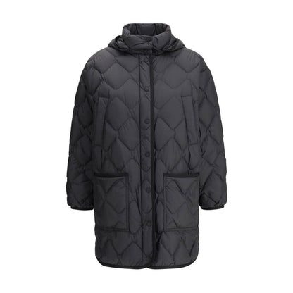 Woolrich Black Polyester Clothing - Heritage Down Jacket with hood, front snap closure, knee length, and patch pockets for cold weather.