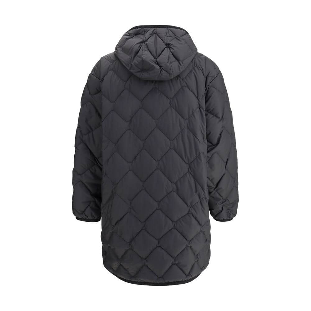 Back view of Woolrich Black Polyester Clothing Heritage Down Jacket with hood, knee-length, quilted design, and front snap closure.