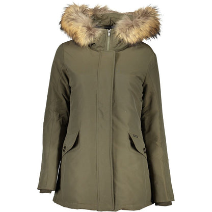 Woolrich Green Cotton Jackets & Coat with hood, removable fur, two pockets, zip and buttons, featuring logo