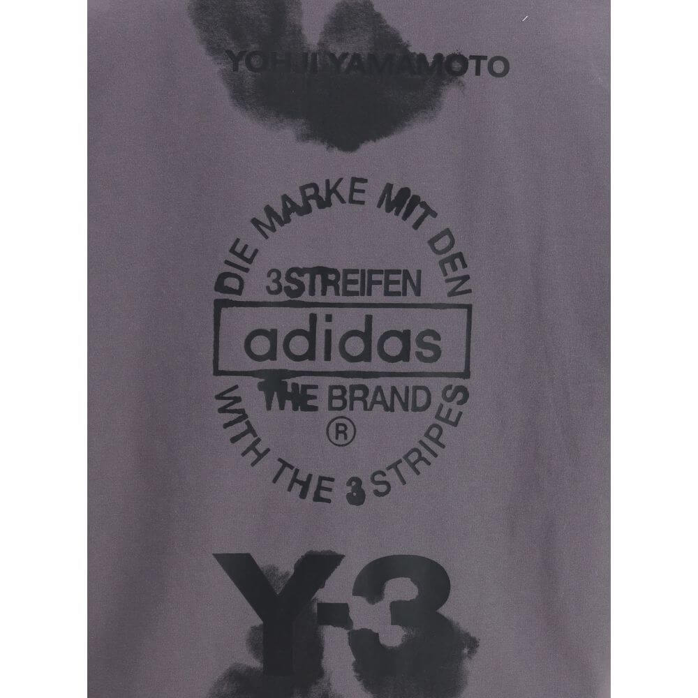 Close-up of Y-3 Gray Cotton Sportswear T-shirt with back logo print, featuring Yohji Yamamoto branding and Adidas collaboration details.