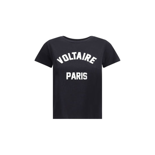 Zadig & Voltaire Black Cotton T-Shirt with contrasting Voltaire Paris logo on front, ribbed crew neck, perfect for casual contemporary style.
