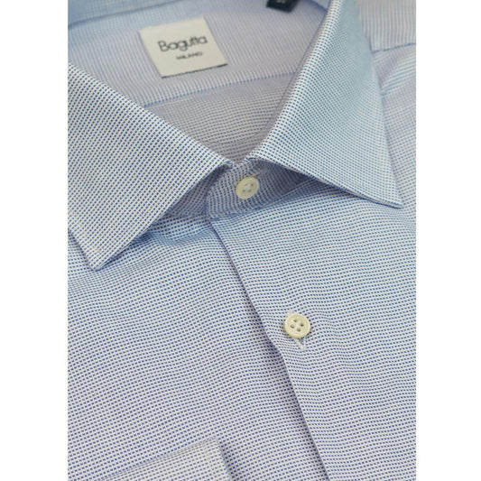 Bagutta blue cotton men's shirt, slim fit with French collar and mother-of-pearl buttons, ideal for elegant warm weather style.