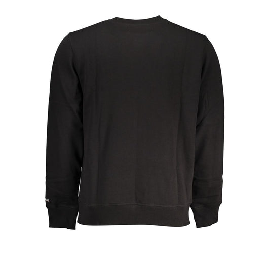 Back view of Calvin Klein black cotton men's sweater, showcasing long sleeves and crew neck design with subtle logo detailing.
