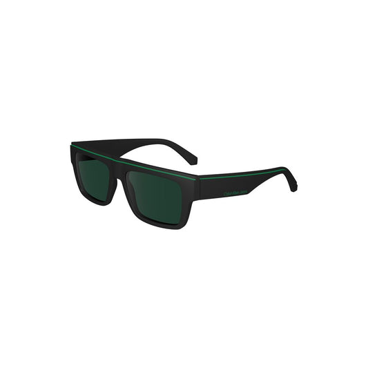 Calvin Klein black sunglasses with rectangular black lenses, injected plastic frame, contrast details, and logo.