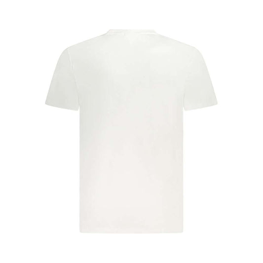 Back view of a Calvin Klein white cotton t-shirt with short sleeves, crew neck, and embroidered logo design.