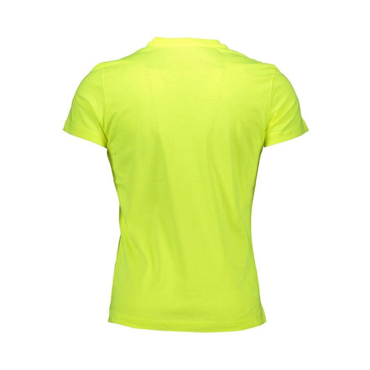Back view of a vibrant diesel yellow cotton men's t-shirt, showcasing a bold print and iconic logo, ideal for a standout casual look.