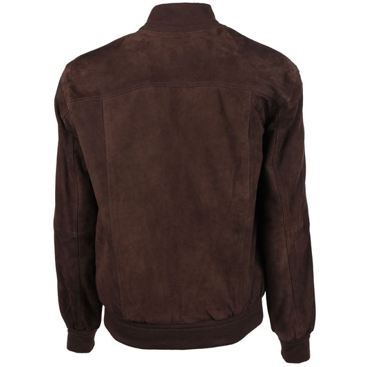 Back view of Emilio Romanelli brown calfskin suede bomber jacket with ribbed cuffs and hem.