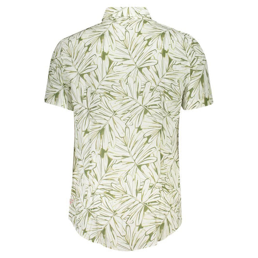 Back view of Guess Jeans white viscose men's shirt with green leaf pattern, showcasing a stylish design perfect for sophisticated wardrobes.