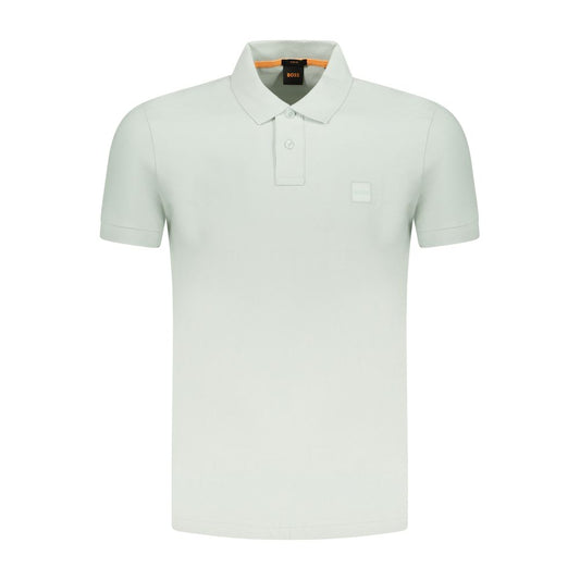Hugo Boss green cotton polo shirt for men, slim fit with two-button placket, featuring an embroidered logo, perfect for stylish comfort.