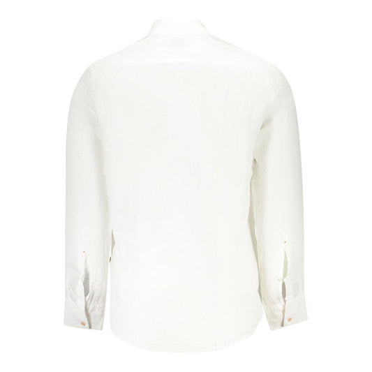 Back view of a Hugo Boss white linen men's shirt with button-down collar and 2-button cuffs, exuding timeless elegance and modern style.