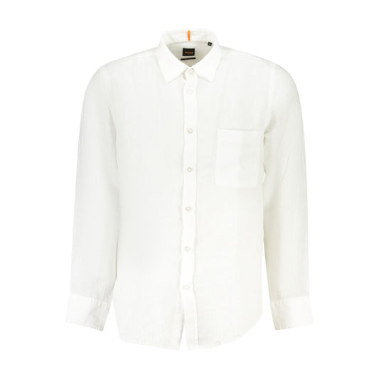 Hugo Boss white linen men’s shirt with button-down collar, showcasing classic elegance and modern style for casual and formal occasions.
