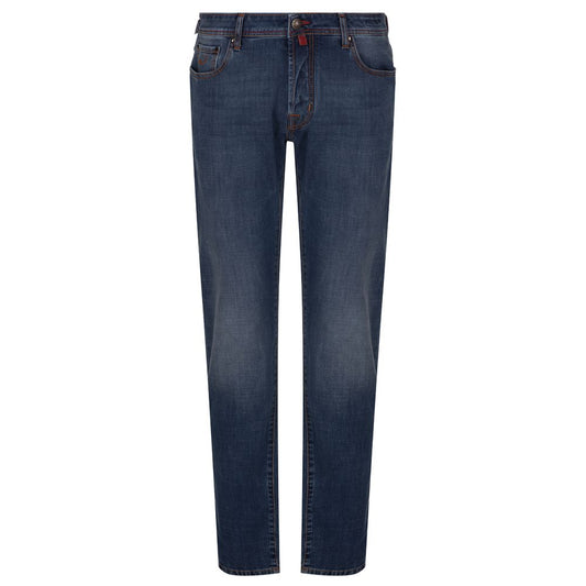 Jacob Cohen blue cotton jeans with orange stitching, slim fit, five pockets, button closure, and brown leather patch.
