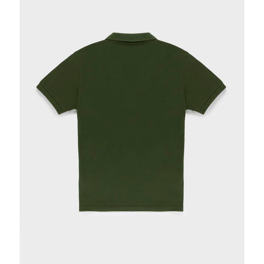 Back view of Refrigiwear green cotton polo shirt with elastic sleeves and button-down collar, solid-colored pique fabric.