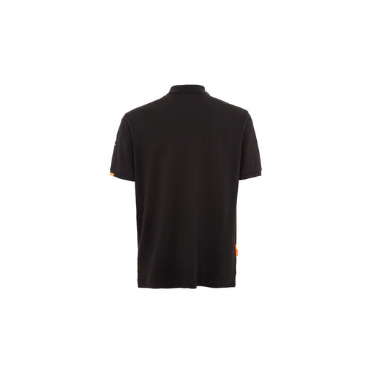 Suns black cotton polo shirt with ribbed collar, front button closure, and logo on left sleeve. Stylish, comfortable men's wear.