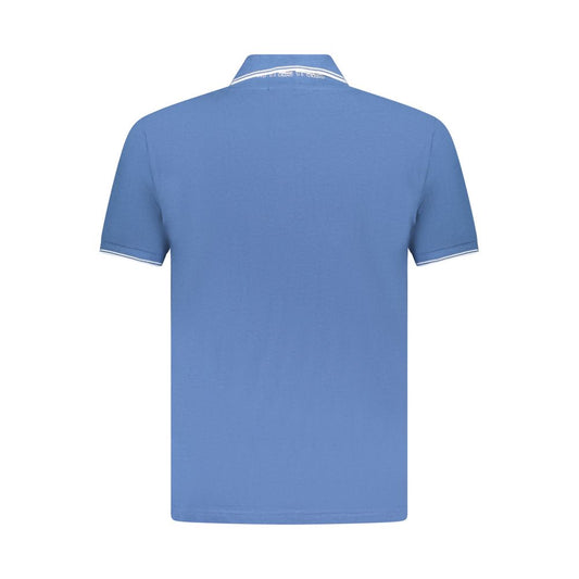 Back view of U.S. Grand Polo blue cotton men's short sleeve shirt with contrasting collar detailing.