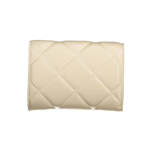 Valentino Bags beige polyethylene wallet with quilted design, 3 compartments, coin purse, card spaces, zip closure, and logo detail.