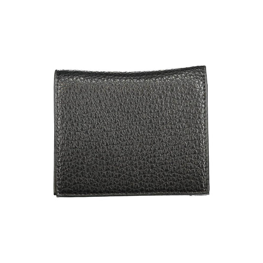 Valentino Bags black polyethylene wallet featuring card spaces, coin purse, automatic closure, and logo design. Made from recycled materials.