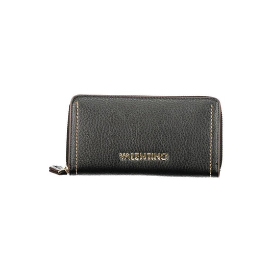 Black Valentino Bags wallet with zip closure and gold accents, made from polyethylene for modern women with multiple compartments.