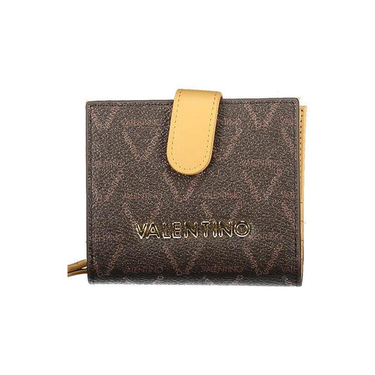 Valentino Bags brown polyethylene women's wallet with embossed logo, contrasting details, coin purse, and card slots.
