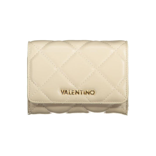 Valentino Bags beige polyethylene wallet with 3 compartments, coin purse, card spaces, automatic closure, logo, and recycled materials.