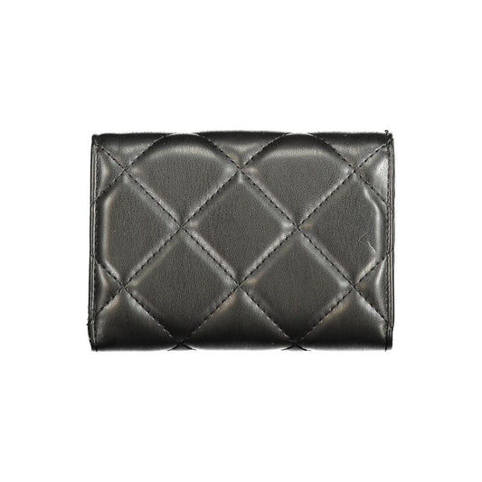 Valentino Bags Black Polyethylene Wallet with quilted design, 3 compartments, coin purse, card spaces, logo, recycled material.