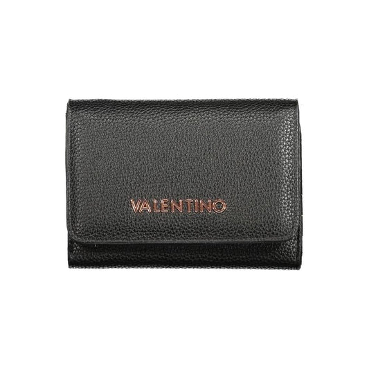 Valentino black polyethylene wallet with three compartments, coin purse, card slots, zip and automatic closure, embossed logo.
