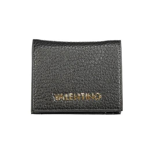 Valentino black polyethylene wallet with coin purse, card spaces, automatic closure, and logo, made from recycled material.